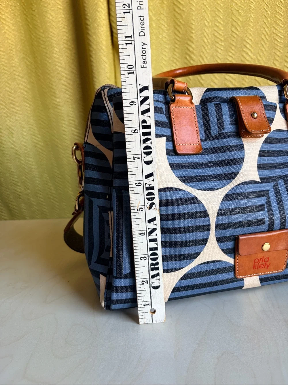 Orla Kiely Blue and Cream Graphic Print Satchel with Tan Trim